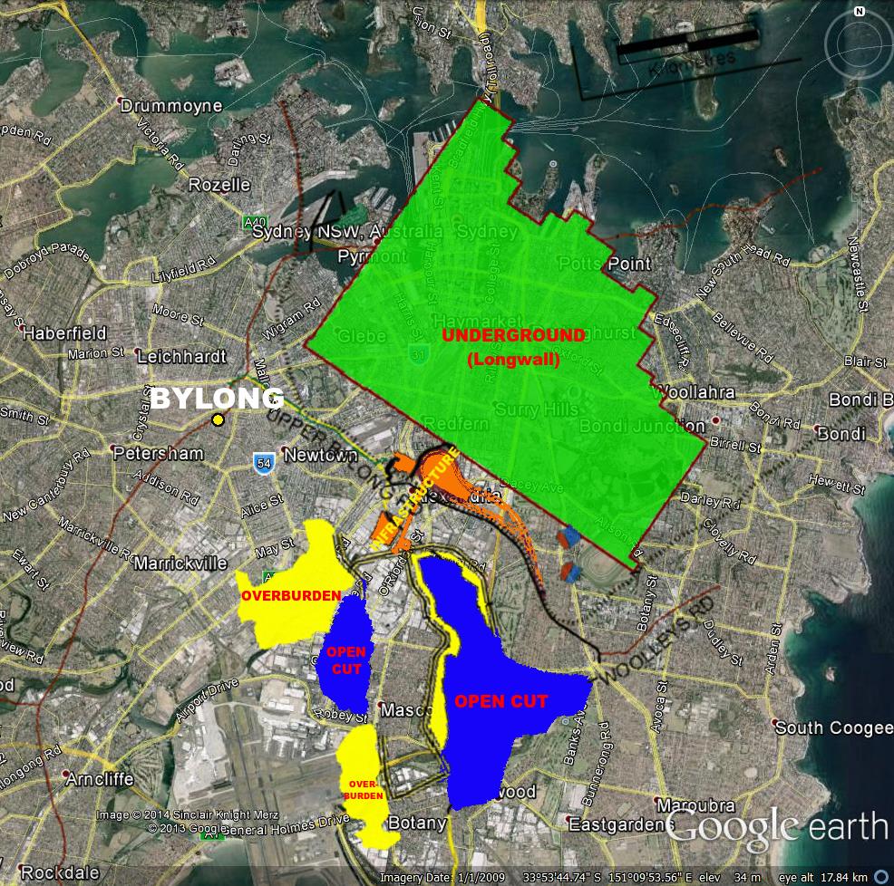 KEPCO Bylong conceptual mine plan, overlaid on Sydney